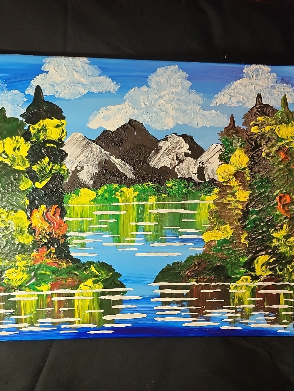 Hand-Painted Mountain Lake Canvas Wall Art - Blue, Green & Yellow